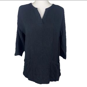 Soft Surroundings Small Black Gauze V Neck 3/4 Sleeve Pockets Casual Lightweight